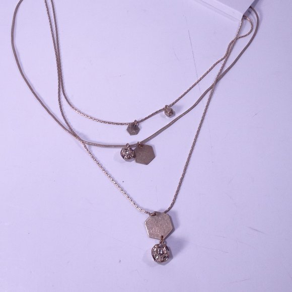 Ann Taylor LOFT Brushed Gold Hexagon Fire Three Layer Necklace NWT $34.50 - Picture 4 of 6